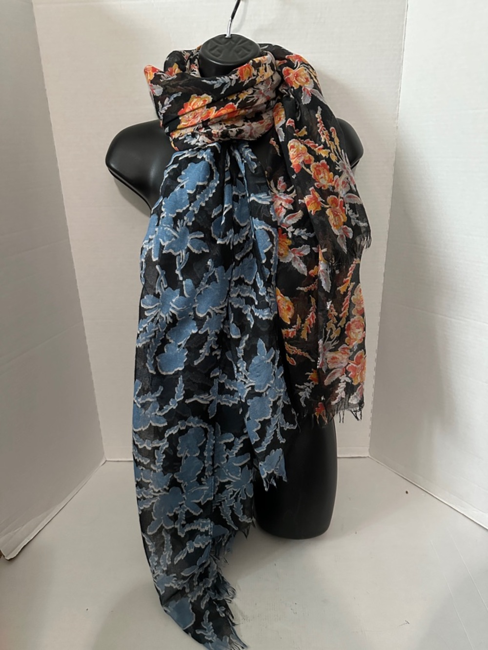 BCBGMaxAzria  Floral Print Lightweight Scarf - Black with Blue & Orange Flowers